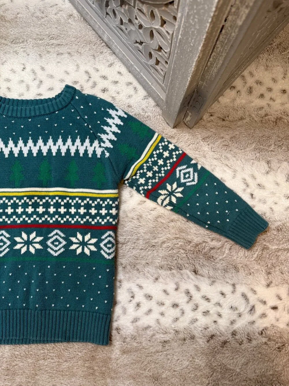 Hanna Andersson green Ugly Christmas Sweater boys 5T snowflakes trees winter